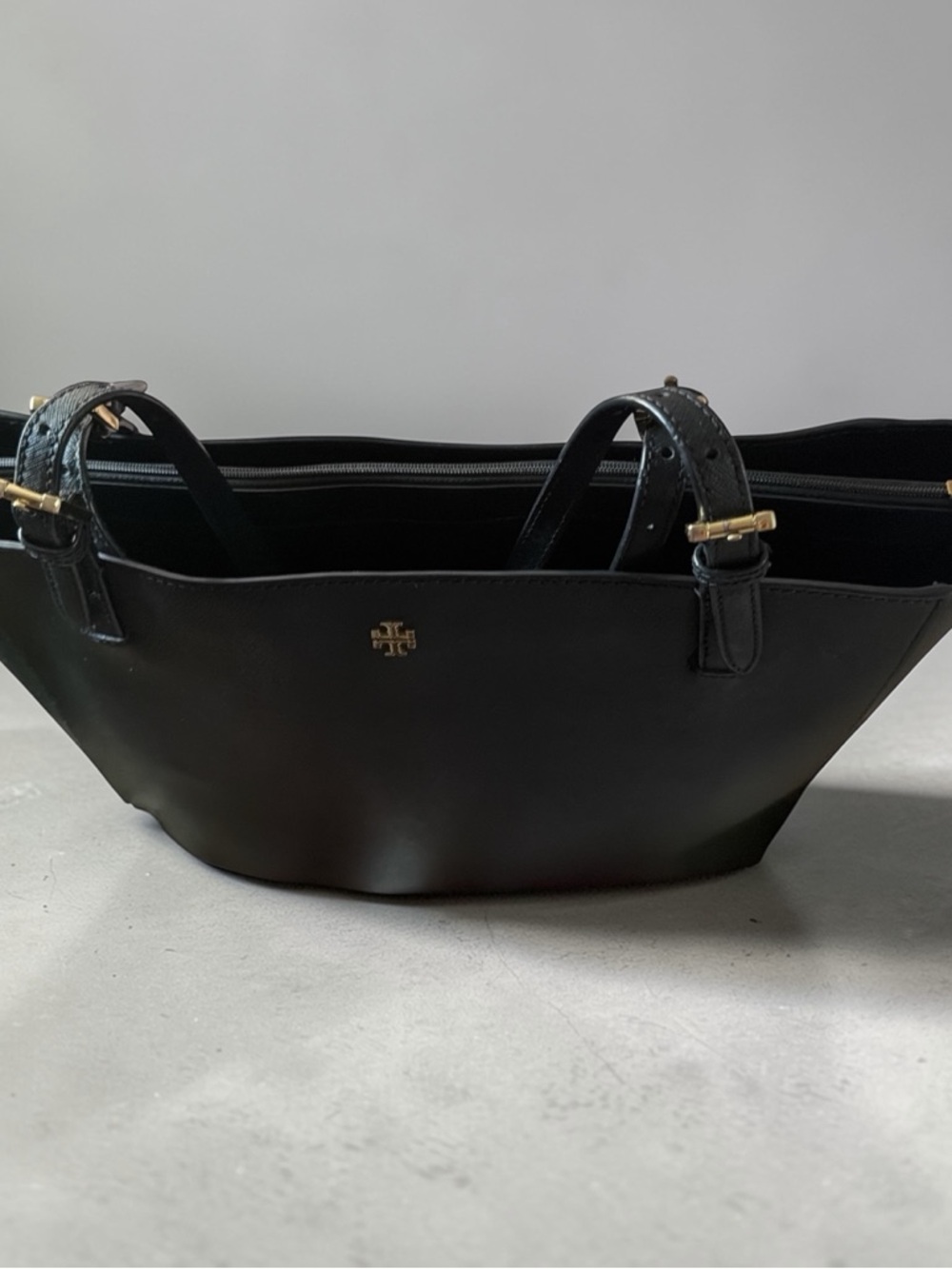 Tory Burch Black Leather Double-Handle Tote with Gold Logo - Picture 9 of 12